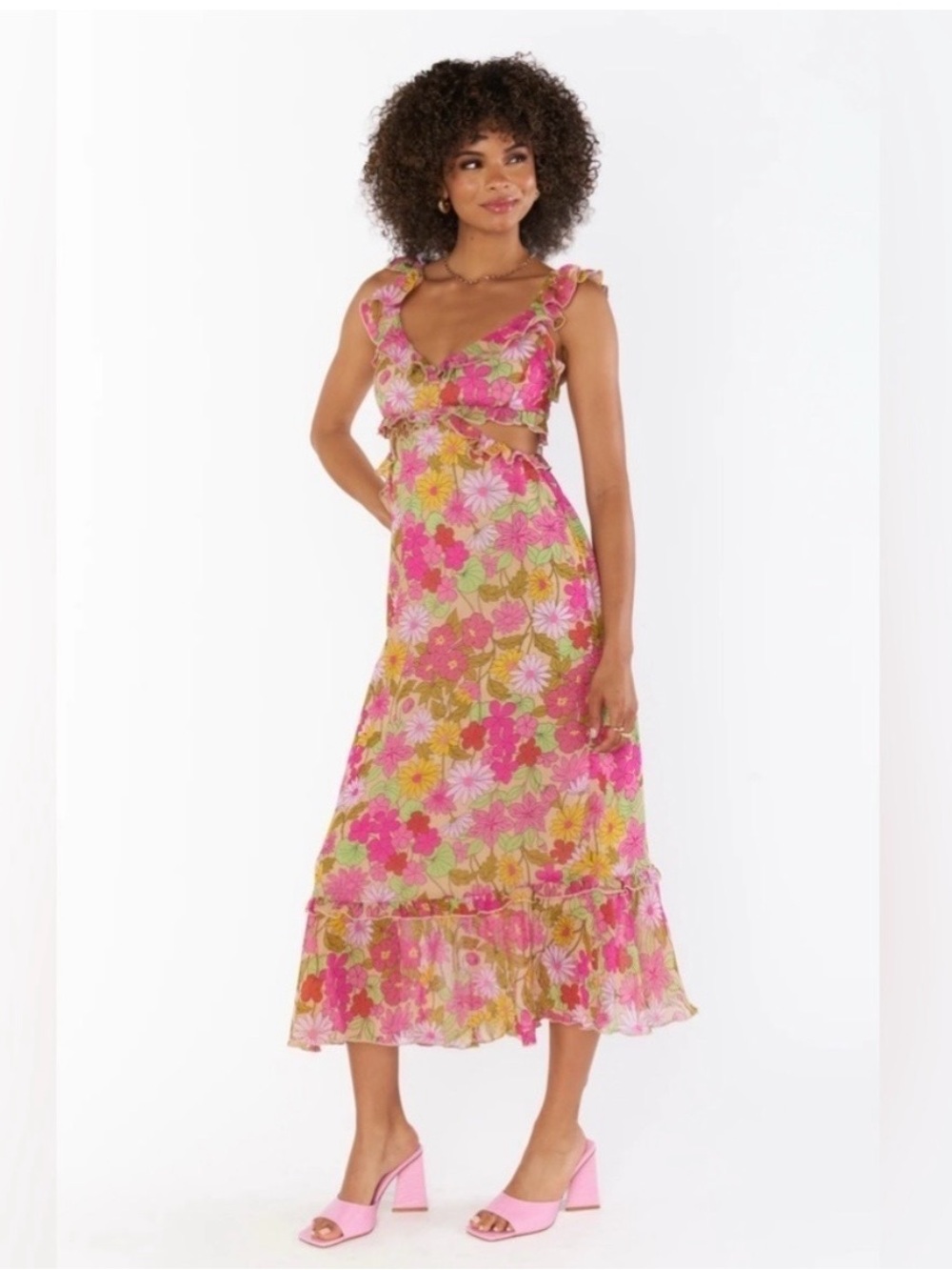 Show Me Your MuMu Pink Floral Cutout Ruffle Midi Dress